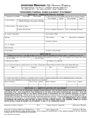 Tennessee Funeral Home Claimant Statement