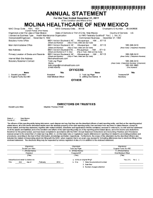 *95739201120100100* ANNUAL STATEMENT For the Year Ended December 31, 2011 of the Condition and Affairs of the MOLINA HEALTHCARE OF NEW MEXICO NAIC Group Code