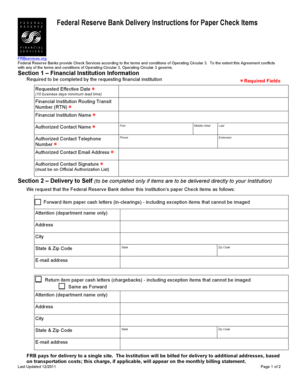 Federal Reserve Bank Delivery Instructions for Paper Check Items