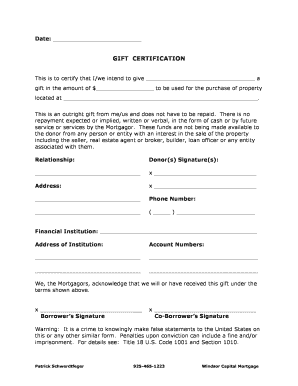 Gift Certification Form