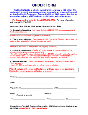 Non-Profit Business List Order Form