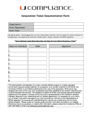 University of Miami Ticket Documentation Form