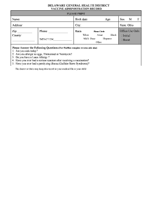 Delaware General Health District Vaccine Administration Record