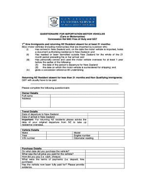 New Zealand Motor Vehicle Import Questionnaire