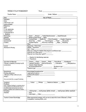 Weekly Plan Worksheet for Teachers