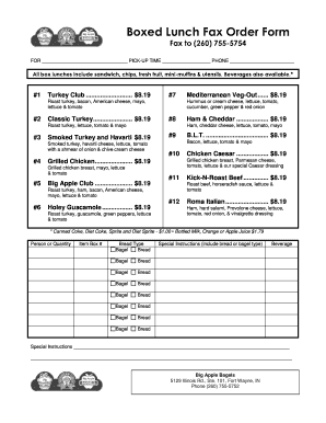 Checklist in excel - Boxed Lunch Fax Order Form Fax to (260) 7555754 FOR PICKUP TIME PHONE All box lunches include sandwich, chips, fresh fruit, minimuffins &amp