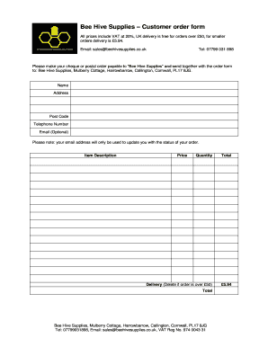 Bee Hive Supplies Customer order form - beehivesupplies co