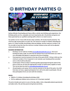 Fillable Online BIRTHDAY PARTIES Sydney Altitude Cheerleading and Dance ...