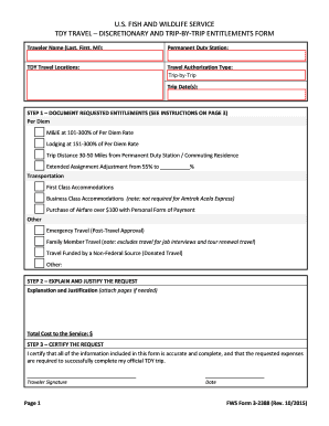 Fillable Online fws US FWS Form 3-2388 TDY Travel - Discretionary and ...