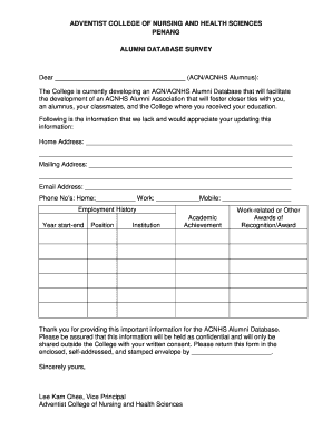 Alumni Form - Adventist College Of Nursing and Health Sciences - acnhs edu
