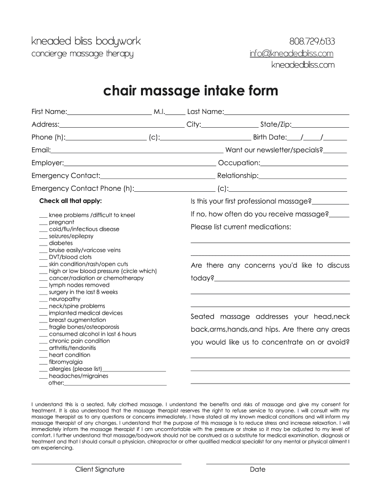 chair massage intake form Preview on Page 1