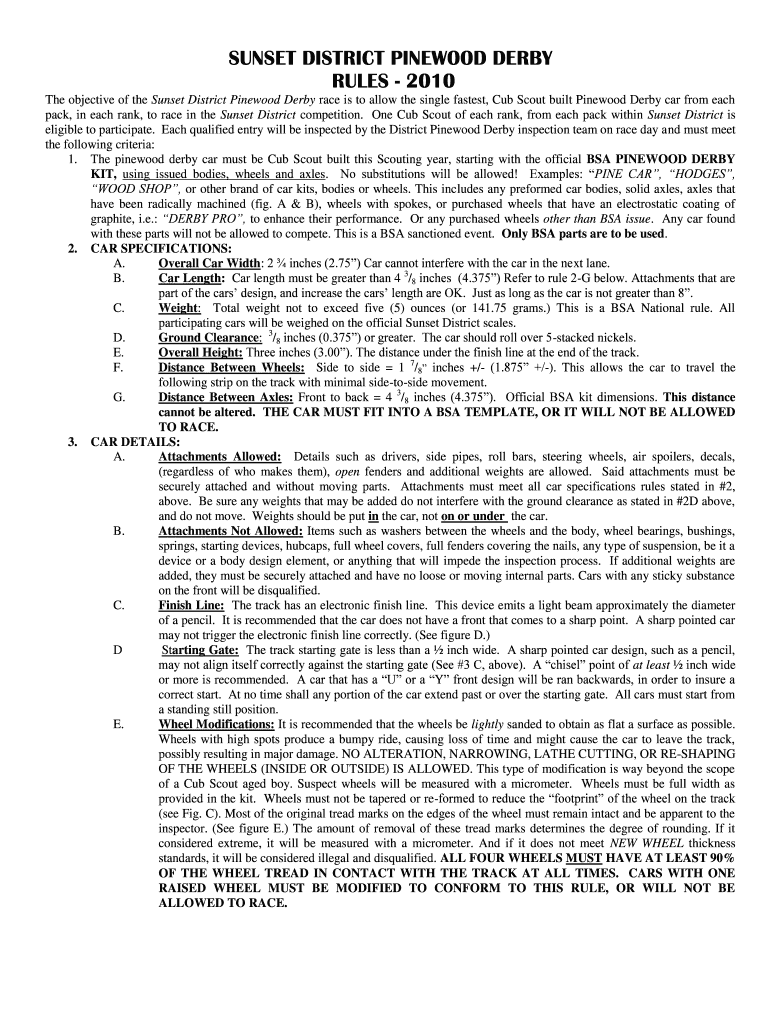 Fillable Online SUNSET DISTRICT PINEWOOD DERBY RULES AND REGISTRATION FORM Fax Email Print ...