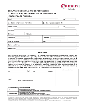 Declaration of Will to Belong as Voter to the Chamber of Commerce of Palencia