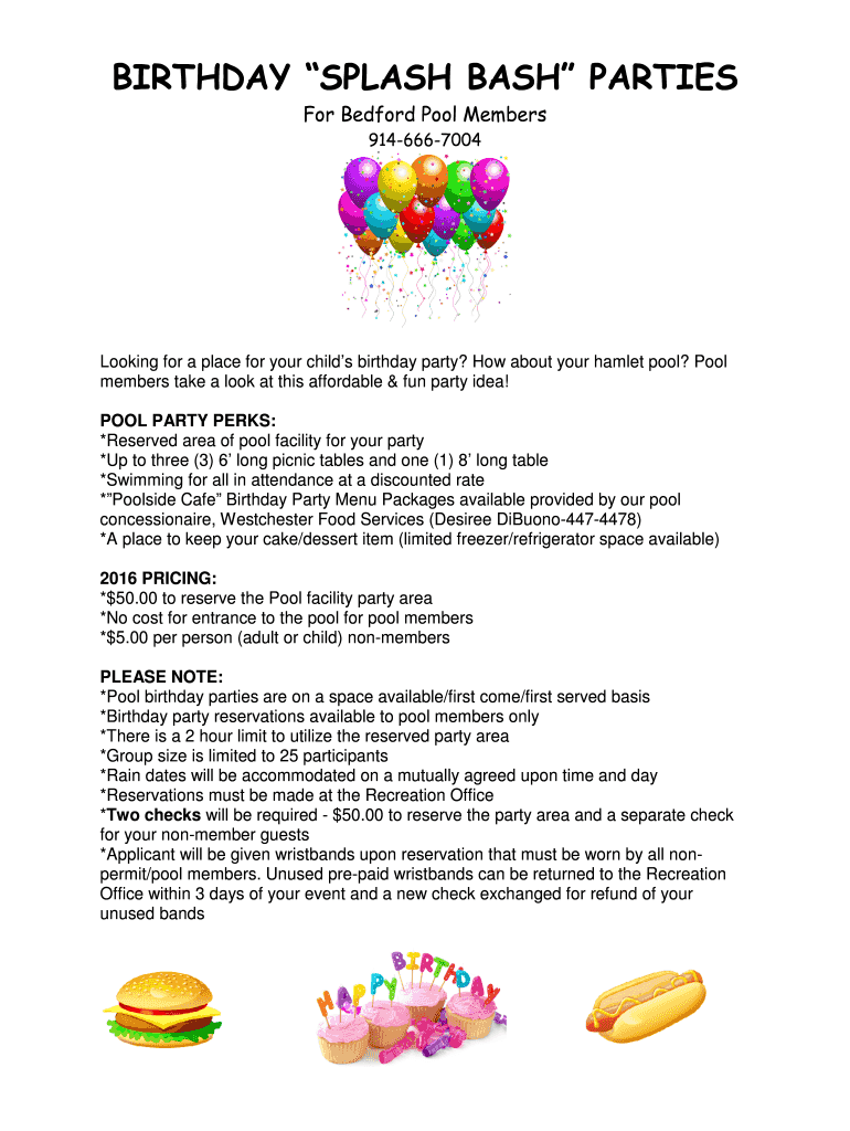 Fillable Online bedfordny Pool Splash Bash Birthday Party Application ...