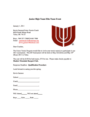 Sports donation request letter - Junior High Team Elite Team Event January 1, 2011 Kevin Gannon/Union Tennis Coach 6636 South Mingo Road Tulsa, OK 74133 Boys W# 3577308/C# 6457988 Email gannon