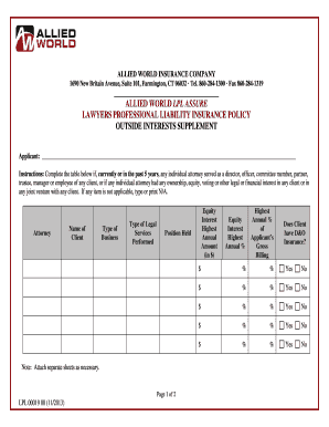 Fillable Online 8602841300 Fax 8602841319 ALLIED WORLD LPL ASSURE LAWYERS PROFESSIONAL LIABILITY ...