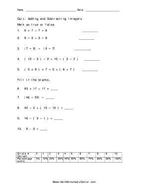 Grade 6 math worksheets - Quiz Adding and Subtracting Integers - Math Worksheets Center