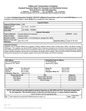 A completed Standard Inspection Checklist, OQ Field Validation Protocol form and Cover Letter/Field Report are to be submitted to the Chief Engineer within 30 days from completion of the inspection - utc wa