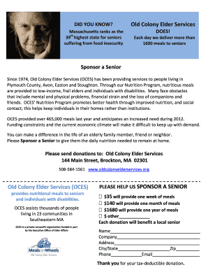 PLEASE HELP US SPONSOR A SENIOR Old Colony Elder Services - ocesma