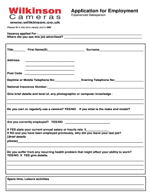 Fillable Online wilkinson co Job Application Form Manager - wilkinson co Fax Email Print - pdfFiller