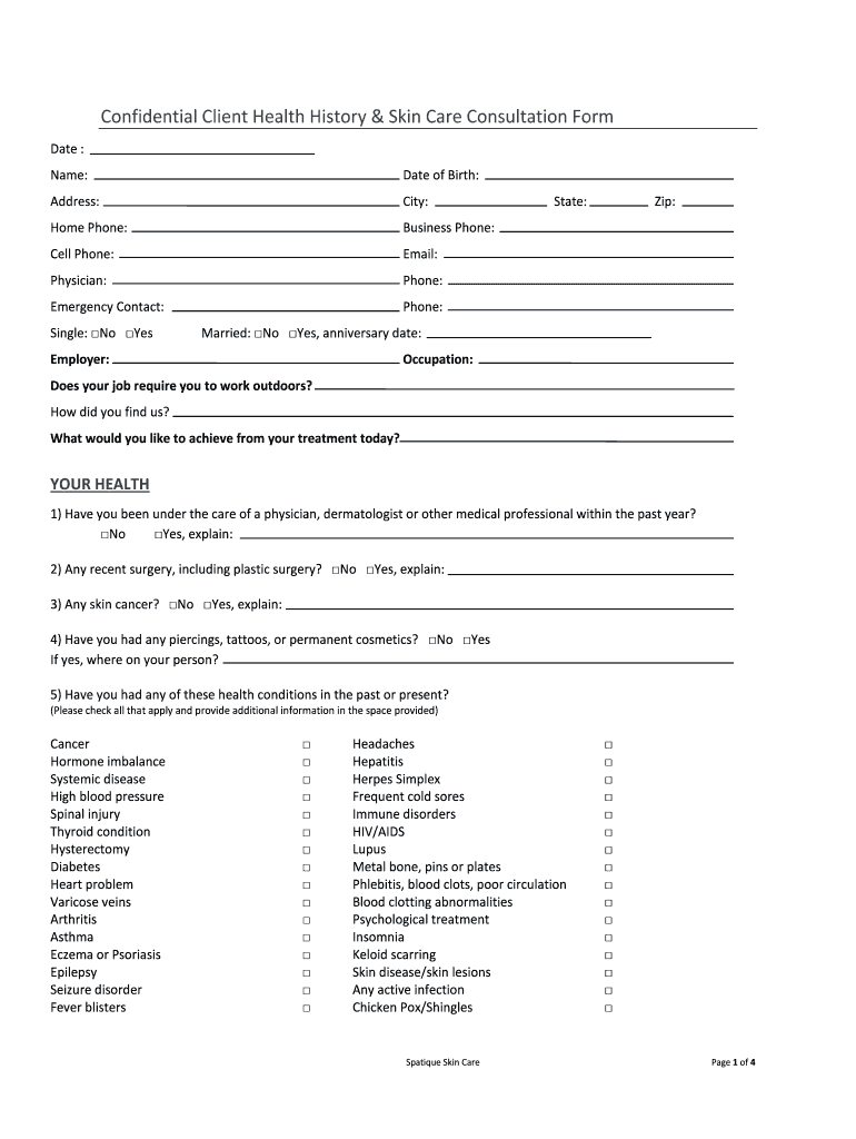Fillable Online Confidential Client Health History & Skin Care