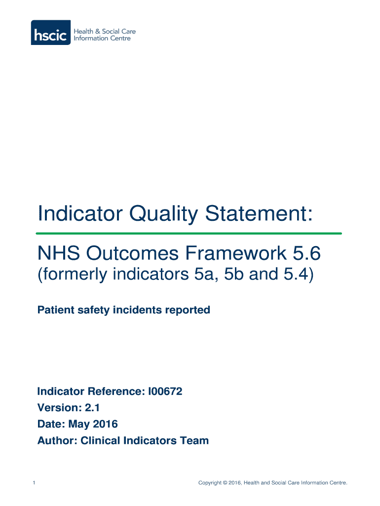 Fillable Online indicators hscic gov Indicator Quality bStatementb