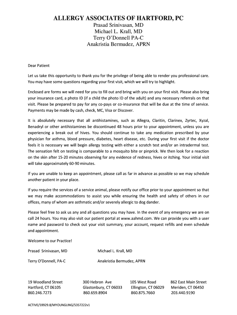 Fillable Online ALLERGY ASSOCIATES OF HARTFORD PC Prasad Srinivasan MD