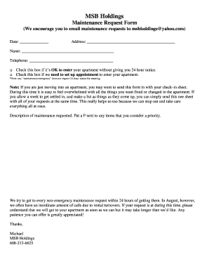 Fillable Online MSB Holdings Maintenance Request Form We encourage you ...