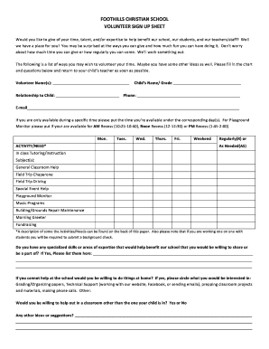 FOOTHILLS CHRISTIAN SCHOOL VOLUNTEER SIGN UP SHEET