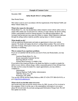 Example of Customer Letter