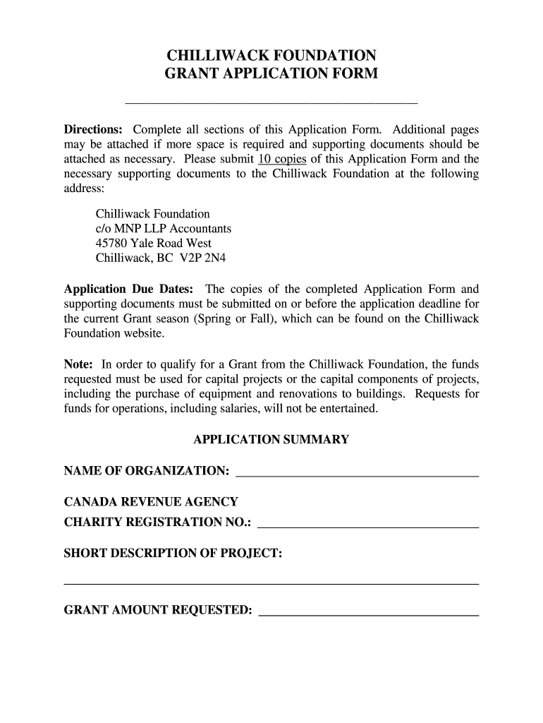 Fillable Online CHILLIWACK FOUNDATION GRANT APPLICATION FORM Fax Email
