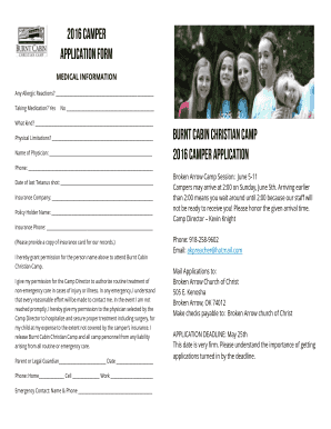Fillable Online Broken Arrow App Burnt Cabin Christian Camp Fax