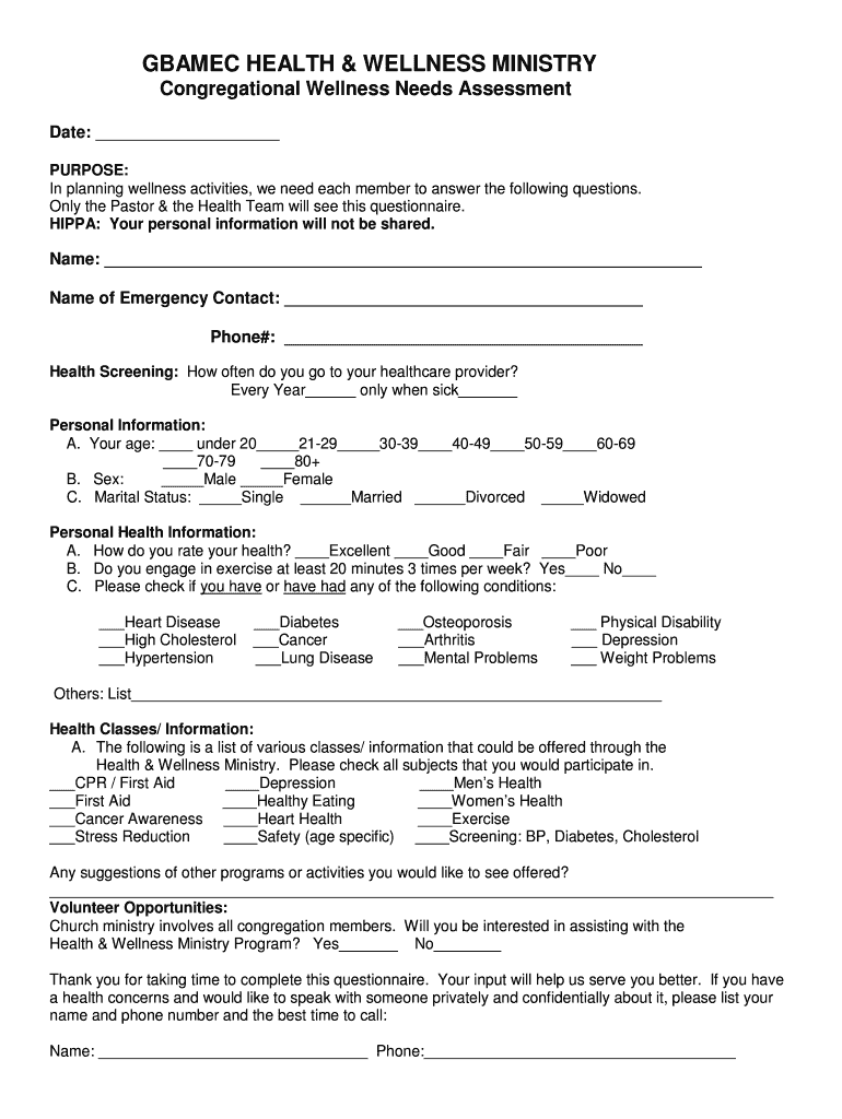 Fillable Online GBAMEC HEALTH amp WELLNESS MINISTRY Congregational