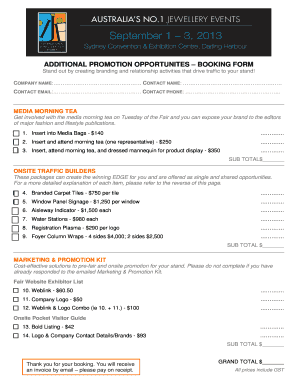 ADDITIONAL PROMOTION OPPORTUNITES BOOKING FORM