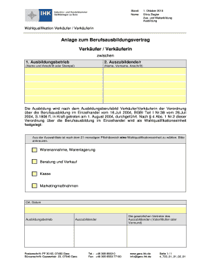 Fillable Online gera ihk Anlage zum Berufsausbildungsvertrag Verkufer