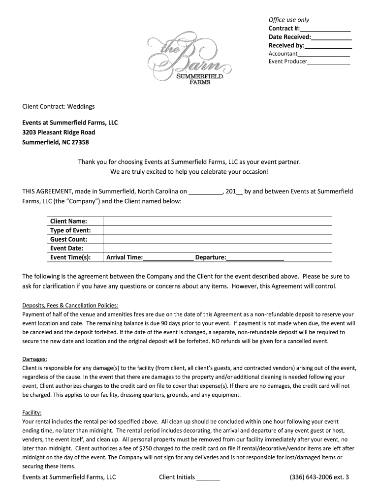 Fillable Online Client Agreement Weddings Summerfield Farms Fax Email