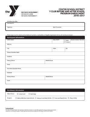 Fillable Online yclub kansascityymca YClub Enrollment Form 5 Center School2 Fax Email Print ...