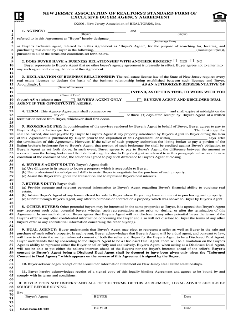 NEW JERSEY ASSOCIATION OF REALTORS STANDARD FORM OF EXCLUSIVE BUYER AGENCY AGREEMENT 2001, New Jersey Association of REALTORS, Inc Preview on Page 1.