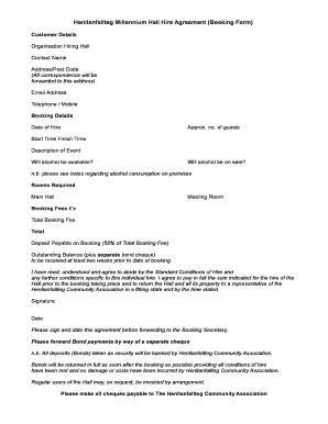 Henllanfallteg Millennium Hall Hire Agreement Booking Form