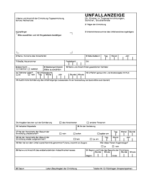 UNFALLANZEIGE 1 Name und Anschrift der Einrichtung (Tageseinrichtung, f r Kinder in Tageseinrichtungen, Schule, Hochschule) Sch ler, Studierende