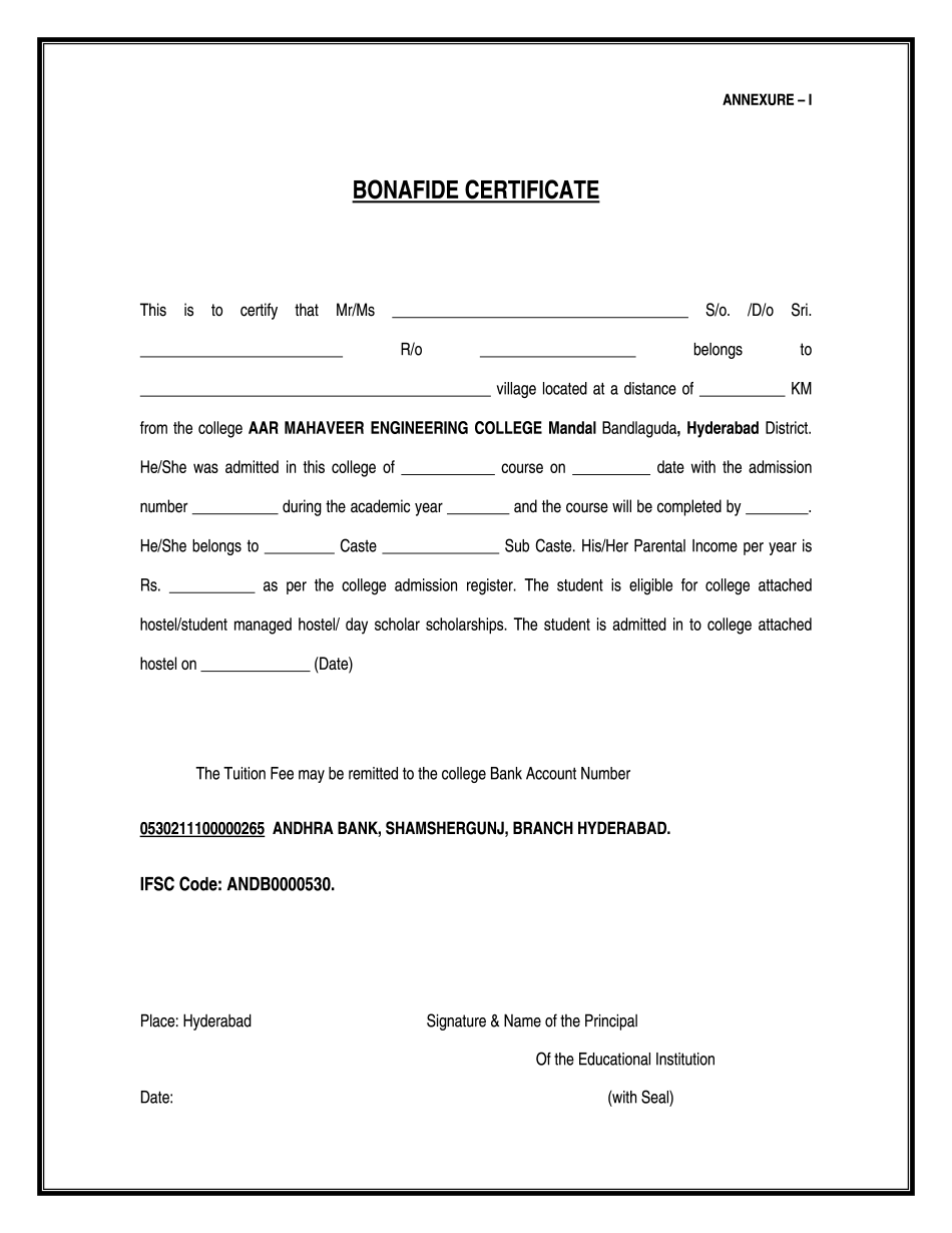 Fill In Bonafide Certificate For Scholarship Form According To Your Needs