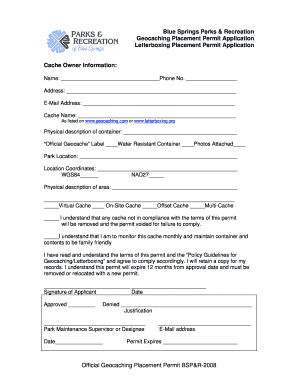 Geocache permit form - Blue Springs Missouri
