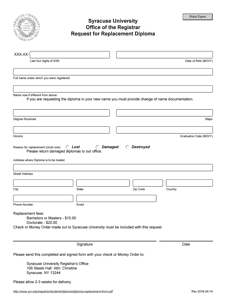 Fillable Online syr Replacement request form Syracuse University Fax