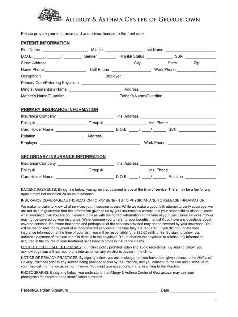 Fillable Online PATIENT INFORMATION Allergy amp Asthma Center of