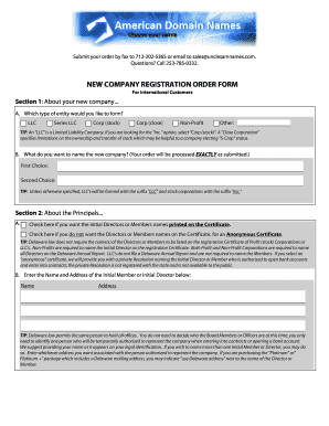 NEW COMPANY REGISTRATION ORDER FORM