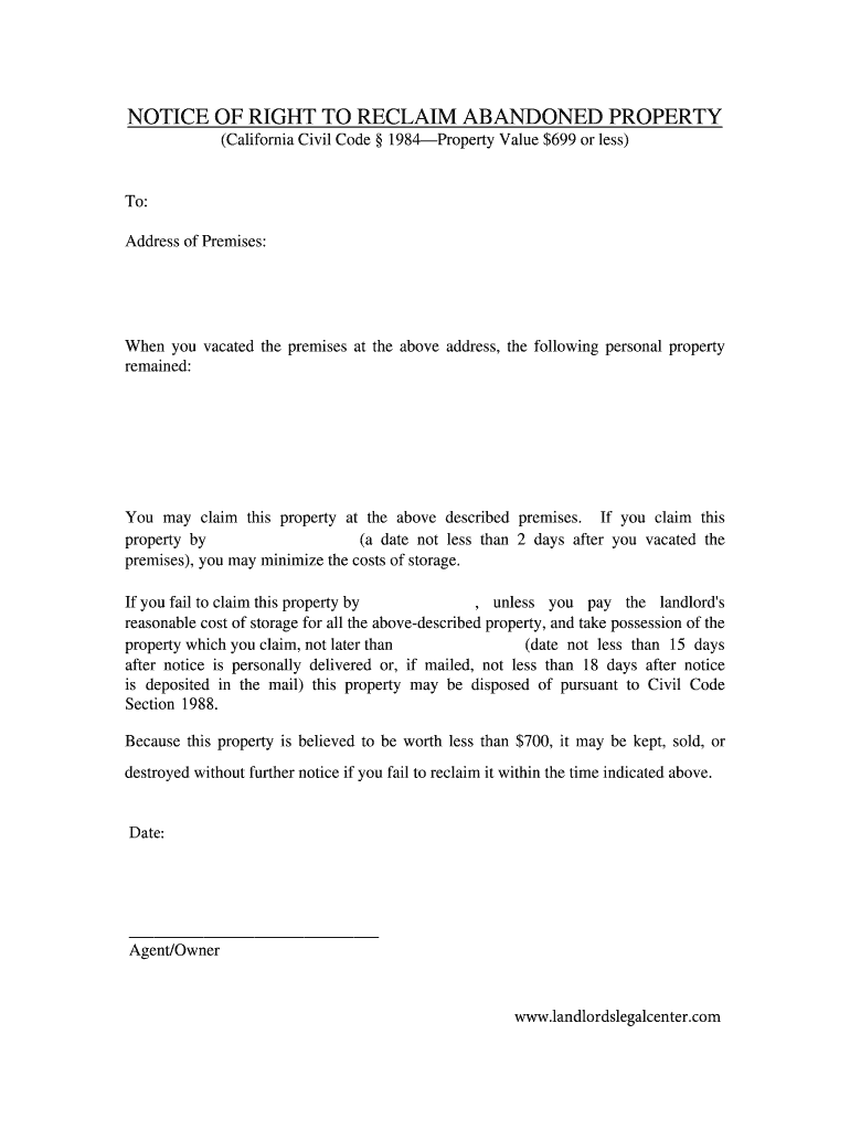 Fillable Online NOTICE OF ABANDONED PROPERTY LESS THAN 700 Fax Email