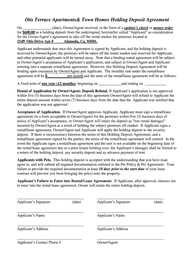 Fillable Online Holding Deposit Agreement Otis Terrace Apartments Fax