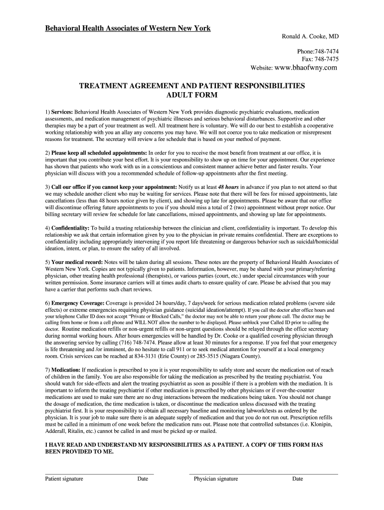 Fillable Online TREATMENT AGREEMENT AND PATIENT RESPONSIBILITIES ADULT ...