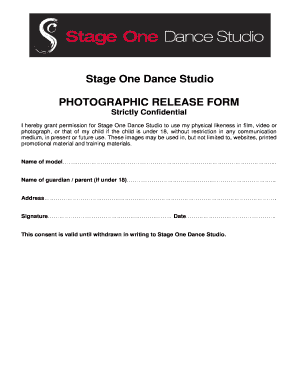 Stage One Dance Studio PHOTOGRAPHIC RELEASE FORM