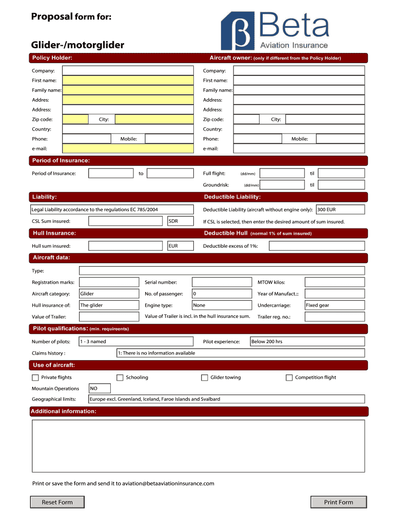 Fillable Online Beta Aviation Insurance Fax Email